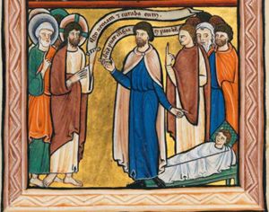 Christ, with an inscribed scroll in his raised left, holds his right hand in front of his body; Peter, standing behind him, holds his right hand in front of his chest in a speaking gesture; facing them is the centurion, who holds an inscribed scroll in his right hand, held forwards, and who is pointing down with his left at his servant who is lying on a bed, resting his head on a pillow; three men behind the centurion; the foremost of them raises his right hand and points up with his index finger; another one covers his hand with his cape.