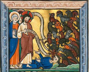 Christ, holding an inscribed scroll with his right hand in front of his chest, his left hand covered, is followed by Peter, holding a book with precious stone on the cover in his right hand in front of him; in front of them the possessed man lies on the ground, slightly raising his head and stretching both hands forward, the palm of the right hand upward; a small devil leaves his mouth stretching both hands forward, holding an inscribed scroll in his right and holding the other end of Christ's scroll with his left; on the right monsters in various kinds of animal shapes, some of which are swallowed by swine.