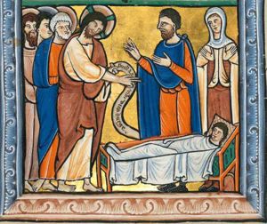 Christ, bowing his head somewhat, stretches his right hand forward in a blessing gesture, holding an inscribed scroll in his forward held left hand; Peter and two other apostles behind Christ; Jairus, facing Christ, holds both hands forward; a woman standing behind him, holds her hands in front of her chest in an orans position with both palms in front view; Jairus' daughter lies on her back in a bed, covered in a shroud, resting her head on a pillow.