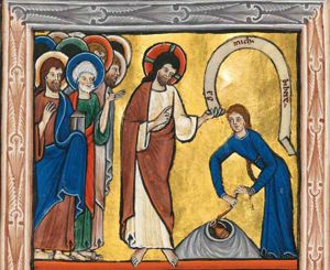 Christ, his head turned down to his left, with his left arm sideways, holding an inscribed scroll and his right hand in front of his chest in a gesture of speech, addresses the woman of Samaria, who is standing at the well, bowing forward, pulling up a jar from the well with a rope which she holds with arms stretched downwards; a group of apostles follow Christ; foremost is Peter who holds a book in his covered right hand in front of his body and raises his left with the palm in front view; another apostle holds his right hand in front of his chest.