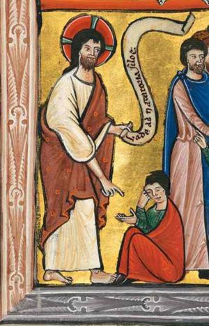 the man born blind is sitting on the ground, holding his left arm forward with the palm of the hand upwards, begging, and supports his head with his right hand; Christ holds his right hand downward in a gesture of speech and his left hand forward with an inscribed scroll.