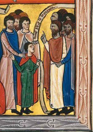 the parents of the young man born blind, are interrogated by Pharisees; the father puts his right hand on the youth's shoulder; the mother holds her left hand forward with an inscribed scroll; the young man himself holds both arms to his side, pointing back to the previous scene (his healing) with his right and holding a scroll with his left; the interrogating Pharisees have dark faces; the foremost of them raises his right hand in a gesture of speech, while a second one holds his left hand down, pointing at the youth.
