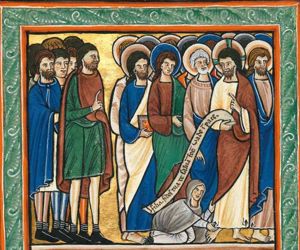 Christ and the apostles walking to the right; Christ is turning his head back to his right, holding an inscribed scroll in his right and his left in front of his chest in a gesture of speech; Peter, behind Him points down at the woman with the issue of blood, who is kneeling on both knees, stretching both hands forward, touching the hem of Christ's tunic and pallium; the foremost man of the small crowd makes a speaking gesture with his right hand in front of his chest; one of the apostles is carrying a book of which the cover is decorated with stones.