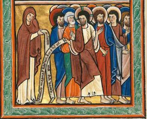 the Canaanite woman approaches Christ, who is surrounded by his disciples; she is holding an inscribed scroll forward with her right hand; Christ turns back his head to his right; He raises His left hand with the palm in front view, stretching his right arm sidewards and backwards, holding an inscribed scroll; Peter holds both hands in front of his chest, pointing(?) at both Christ and the woman; one apostle is turning his head back to his right, raising his left hand with the palm upwards; one apostle holds his right hand with a closed scroll in it; another one holds a book in front of his body.