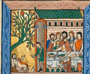 the poor Lazarus is lying against a tree supporting his head with his right hand, holding his left hand forward with palm in front view; a guard, resting a stick against his shoulder with his left hand forward and making a gesture of speech with his right hand forward, is standing in the doorway of Dives' house; inside the house Dives is at a meal with two men and two women; he stretches both hands forward, making a gesture of speech with his right and holding a fish with his left; the two men bring a piece of food to their mouth, one holds it between index and middle finger; one woman is holding a cup in front of her chest; the other holds a piece of bread(?); a servant is kneeling in front of the table, holding a cup with forward stretched hands; a jug is standing in front of the table.
