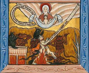 Dives, naked, stretches both hands forward, palms towards each other, holding an inscribed scroll in his right; devils in animal and in phantasy shape are torturing him: one devil is strangling him, while another one pricks him with a fork; different animals bite him; turning his head upwards, he sees Lazarus, a naked human figure in orans posture, with arms sidewards, palms in front view, in Abraham's bosom, represented as a cloth held by Abraham with both arms sidewards; in his right hand he is also holding an inscribed scroll; in hell two devils stand at a cauldron, one holding its edge with his right hand forward, the other stretching both hands forward with palms towards each other; a dead tree.