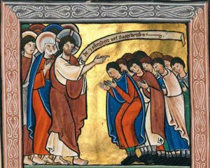 on the left Christ, who stretches his right hand forward in a gesture of speech, raising his left with an inscribed scroll in it; behind him several apostles, among whom Peter, holding his right hand in front of his chest; opposite Christ and the apostles the group of lepers, bowing forward, the foremost holding both hands forward with palms towards each other, another one with his left hand in front of his chest.