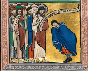 Christ, followed by his disciples, holds his right hand in front of his chest in a blessing gesture and holds an inscribed scroll with his left hand in front of him; Peter, behind Him, raises his right hand with palm upwards; a second apostle holds his right hand in front of his chest with the palm in front view; a third holds his left hand in front of his chest in a speaking gesture; facing Christ is the Samaritan leper, bowing forward, stretching his hands, covered by his cloak, forward.