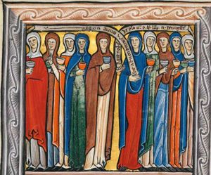 the ten virgins are divided into two groups of five: the foolish on the left, the wise on the right; at the centre, one of each group is holding an inscribed scroll, the foolish one with her left hand forward, the wise one, who is turning her head back to her right, holds it with her right hand in front of her; the virgins all hold a lamp with hand forward or in front of their chest; one of the foolish virgins raises her right hand in a gesture of speech; another one of the wise also turns her head back to her right; one of the foolish virgins starts to walk to the left.