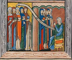 to the right, inside the house, the bridegroom is sitting in an armchair, raising his left in a speaking gesture, holding an inscribed scroll with his right hand forward; the five wise virgins are standing before him, all holding their oil-lamp in front of their chest; outside the five foolish virgins face a closed door; they too all hold an oil-lamp in front of their chest; the foremost of them holds an inscribed scroll with her left forward; a second one holds her left hand down, pointing to her right; one of them turns her head back to her right; on eholds her left hand forward with the palm in front view.