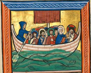 Christ is sitting at the front end of the small sailing boat, asleep, holding his head with his right hand; Peter puts both hands forward, the left with the palm in front view, with the right holding Christ's wrist; one of the other disciples holds his left hand in front of his chest, pointing upwards while holding the edge of the boat with his right hand in front of him; a second and a third also hold a hand in front of their chest, one in a gesture of speech, the other with the palm of the hand in front view; a helmsman, wearing a hooded cape, holds the rudder with both hands forward.