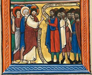 Christ, stretching his right hand forward in a gesture of speech and holding an inscribed scroll forward with his left, is followed by his disciples; Peter immediately behind Him, a second disciple, behind Peter, raises his right hand; facing Christ is a group of Pharisees, with dark faces; the foremost of them holds a coin in his left hand, raising his right with an inscribed scroll; one of them turns his head back to his left.
