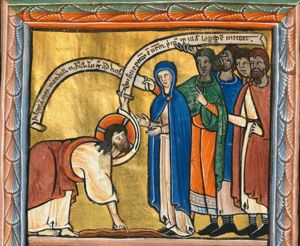 Christ bows forward, bending his head backward, looking up at the woman accused of adultery standing before Him; He stretches his right hand down to write in the sand and his left hand upwards holding an inscribed scroll; the woman, followed by a small crowd of Pharisees with dark faces, holds both hands forward with palms towards each other; the foremost of the Pharisees stretches his right hand forward, holding an inscribed scroll, and holds his left hand in front of his chest in a gesture of speech; another one of the Pharisees holds his mantle with his left hand.