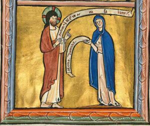 Christ is holding his right hand, with an inscribed scroll, in front of his body, his left hand forward in a gesture of speech; the woman accused of adultery stands before Him, with her right hand forward holding an inscribed scroll and her left in front of her body.