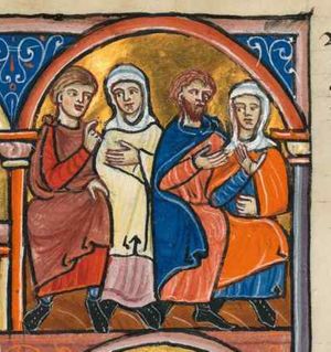 Mahlon, Chilion, Orpah and Ruth are sitting in a row; one of the men rests his left hand on his knee, while he makes a speaking gesture with his right hand in front of his chest; his wife also holds one hand in front of her chest; the second man holds his right hand in front of his chest, while his wife holds her right hand in front of her chest with the palm in front view and rests her left in her lap; architectural setting.