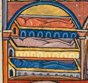 the shrouded bodies of Elimelech, Machlon and Chilion lying in sarcophagi, (contaminating the death of the father and his sons, actually separated by ten years).