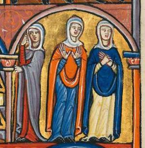 of the three women one is standing turned to the left, towards the bodies of Elimelech, Maalon and Chelion (previous scene); she holds her right hand against her head and her left arm forward; of the others, one holds both hands in front of her chest in an orans gesture, the other is wringing her hands; architectural setting.