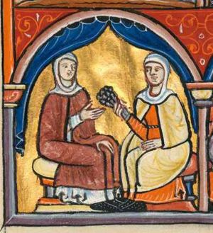 Ruth and Naomi are seated together on a bench, both resting their left hand on their knee and holding their right hand forward, Ruth giving the barley she has gleaned to Naomi; architectural background with a curtain drawn to the sides.