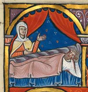 Boaz is lying in bed, on his side and resting his head in his hand; he is covered with a blanket; Ruth is at his feet, raising her left hand with the palm upwards, making a speaking gesture, and holding her right hand in front of her body; architectural setting with curtains drawn aside.