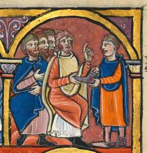 the redeemer who is more closely related to Naomi gives the shoe he has taken off, which he holds with two hands forward, to Boaz (not, as the titulus incorrectly suggests, the other way around!), thereby transferring his rights; Boaz accepts the shoe with his right hand in front of his body, raising his left hand in a speaking gesture; three witnesses sitting behind Boaz, one can be seen to hold both hands in front of him; architectural setting.