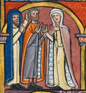 a priest wearing a 'tallit' stands behind Boaz, touching his head with his left hand raised, while raising his right hand in a gesture of speech; Boaz holds the right wrist of Ruth while he is about to put a ring - held with his right hand in front of his chest - on her right middle finger which she stretches; her left hand raised; architectural setting.