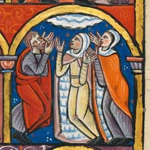 a man and two women raise their hands, standing with bent knees; the man and one woman with the palms of the hands towards each other, the other woman with the palms in fron view in orans posture; heaven is represented as circles in the air; architectural setting.