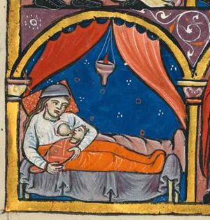 Naomi lying in bed, resting her head (dressed with a nightcap?) against a pillow, suckling Obed, a swaddled baby; curtains drawn aside over the bed; an oil-lamp hanging between the curtains; architectural setting.