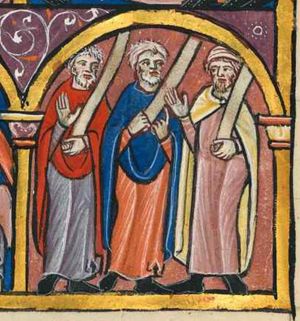 Obed, Boaz and Jesse are represented as three men, holding a scroll in front of them; one holds his other hand in front of his chest with the palm in front view, the other holds his other in front of his body in a gesture of speech; the third raises his other hand with the palm in front view; architectural setting.