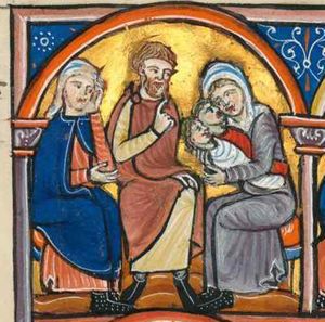 Elkanah, is sitting with his left hand on his knee, holding his right in front of his chest, looking to his left, at Penninah who is holding two swaddled children in her arms; to Elkanah's right Hannah sits, her right arm resting on her leg, resting her head in her left hand; architectural setting.