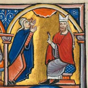 Anna praying with hands raised, palms towards each other, looking upwards at heaven, represented as a circle; Eli, wearing a mitre, is sitting on a chair at the right, stretches his left hand forward in a gesture of speech.