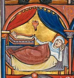 Anna is lying in bed, with uplifted upper part of the body, resting her head on a pillow, covered by a blanket(?), and she stretches her right hand sidewards, rocking(?) the cradle in which lies Samuel, a swaddled baby; architectural setting with curtains and an oil-lamp.