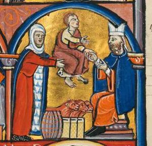 Hannah holds the toddler Samuel with both arms stretched forward, giving him to Eli, who is seated and receives him with both hands forward with palms towards each other; he is wearing a mitre; between them three calves, three barrels of meal and a cask of wine; architectural setting.