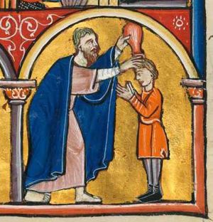 Samuel stretches both hands forward, holding an ointment-jar in his left and touching David's head with his right; David's stretches his arms forward, hands against each other; architectural setting.