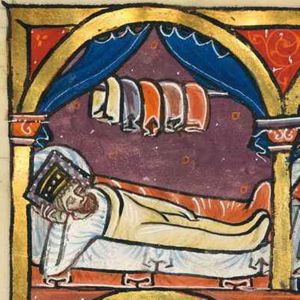 king Nebuchadnezzar is lying on his back with his right hand under his head, asleep, wearing his crown, resting his head against a pillow, a blanket covering him; five pieces of cloth (clothes?) draped over a pole; architectural setting with curtains drawn to the sides.