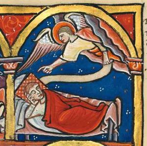an angel appears from heaven, holding a scroll with his left hand down, and stretching his right hand forward in a gesture of speech, addressing the sleeping Daniel, who lies in bed on his back with his right hand under his head; blanket and pillow; architectural setting.