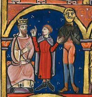 king Nebuchadnezzar is sitting with his left hand on his knee, holding his right hand in front of his chest in a gesture of speech, turning his head to his left, looking at Daniel, who is standing before him, his head turned to the king, his arms raised, with his left pointing at the statue while he holds the palm of his left in front view, with his right making a speaking gesture; the statue is represented with both hands in front of its chest, with palms in front view in orans posture.
