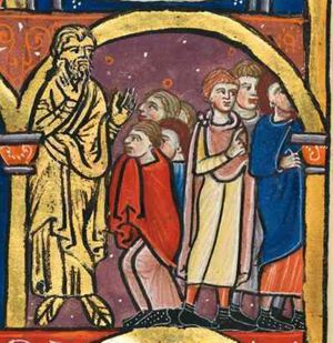 a small group of people with covered hands, standing with bent legs in front of the golden statue; Shadrach, Mesach and Abednego walking away from it, two of them with their right hand in front of their chest, once in a gesture of speech; architectural setting, behind which the foremost of the three is disappearing(!) as if it were a three-dimensional arcade.