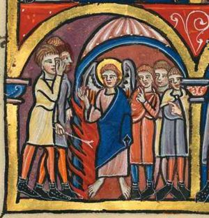 four men in the furnace represented as a small domed building; one of the four is represented as an angel raising his right hand with the palm upwards; two of the others in the furnace hold their right hand in front of their chest making gestures of speech; one of the executioners stirs the fire with a poker held downward with his left hand, and protecting his face from the heat with his right hand (possibly related to Azariah's prayer; cf. titulus referring to the apocryphal text).