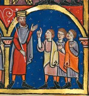 king Nebuchadnezzar raises his left hand with the palm in front view and holds a sceptre with his right hand down; Shadrach, Mesach and Abed-nego stand before him; the one closest to the king raises his right hand in a gesture of speech; the second one has his left hand in front of his chest, the third holds his right hand in front of his chest with the palm in front view; all have one hand covered.