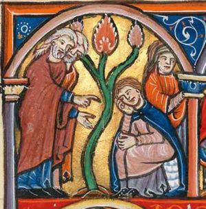 the two elders stand before Joakim, the foremost stretching both hands forward, holding the palm of the left upward and making a speaking gesture with the right, addresses Joakim who is sitting with his right hand under his chin and his left on his knee; a woman (servant?) walks to the right behind him; a tree.