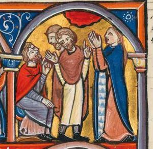 the foremost of the two elders holds both hands sidewards, the palm of the right in front view, the left in a gesture of speech; two men are seated to their right, one of which rests his right hand on his knee and raises his left in a gesture of speech; Susanna, to their left, raises both arms, hands against each other; architectural setting.