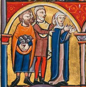 one man is pushing Susanna, who holds both hands forward with the palms towards each other, against her head and her shoulder; another man is holding a pile of stones with both hands in front of him; architectural setting.