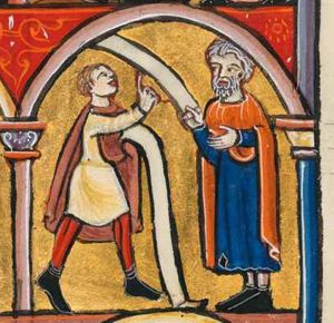 one the left Daniel is stretching his right hand forward in a gesture of speech, holding a scroll in his covered left hand; the first of the elders to be interrogated, holds a scroll with his right hand to the side, holding his left hand in front of his chest; architectural setting.
