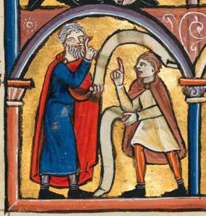 Daniel, to the right, raises his right hand in a gesture of speech, holds his left hand forward with a scroll; the second elder to be interrogated, holds a scroll in front of him with his left hand and raises his right in a gesture of speech; architectural setting.