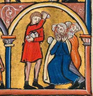 a man, holding stones with his left hand in front of his body, raises his right hand, about to throw another stone at the two elders, who are already hit by several stones thrown at them; the elders are falling; the foremost of them has both hands in front of his chest with palms forward in an orans posture; architectural setting.