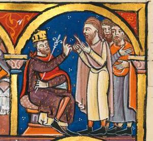 king Belshazzar, sitting with his legs crossed, seen in profile, is holding a sceptre in his left hand in front of his body, and stretches his right hand forward, making a gesture of speech; three men stand in front of him, the foremost holding both hands forward in a speaking gesture; a second one holds both arms in front of him; architectural setting.