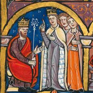 the queen, followed by two of her maidservants, before king Belshazzar, who is sitting with his right hand on his knee, holding a sceptre, putting his left hand forward with the palm in front view; the queen raises her right hand in a speaking gesture and holds her left in front of her chest; one of the maids holds both hands in front of her; architectural setting.