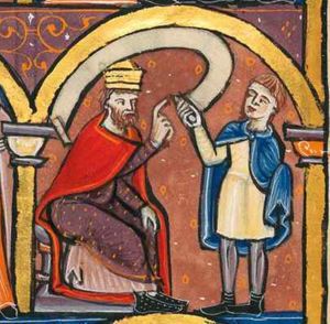 Daniel holds a scroll in his right hand which he stretches forward; he is wearing a short tunic, his left hand is covered by his cape; the king is seated on a chair, resting his left hand on his knee and stretching his right hand forward in a gesture of speech; architectural setting.