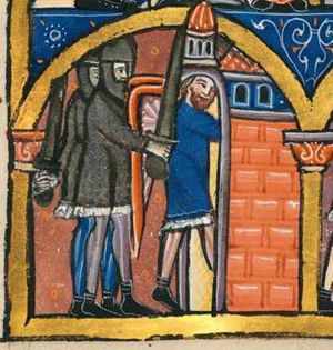 king Belshazzar - in short tunic - is pushed into a prison building by a soldier who holds a sword in his outstretched right hand and a shield in his left; a second soldier, holding a sword with his right hand down, is standing behind him; architectural setting.