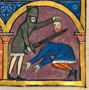 a soldier holds Belshazzar's head with forward stretched left hand; he is holding a sword with his right hand downward; the decapitated body of Belshazzar is falling to the ground, both arms forward with the palms of the hands towards each other; the king wears a short tunic; architectural setting.